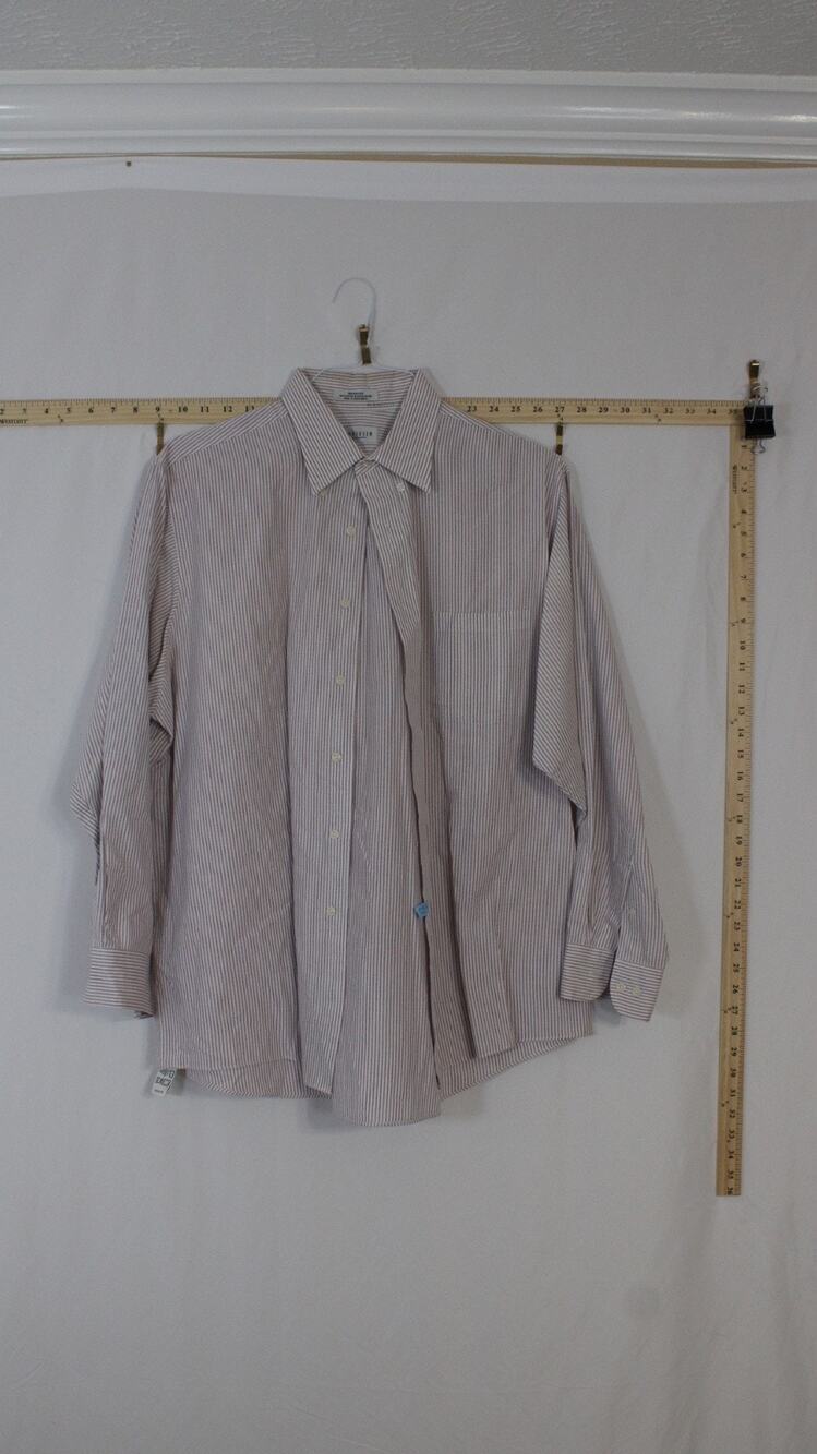 Vintage Van Heusen Dress Shirt Mens 17 34/35 Burgundy White Striped Long Sleeve